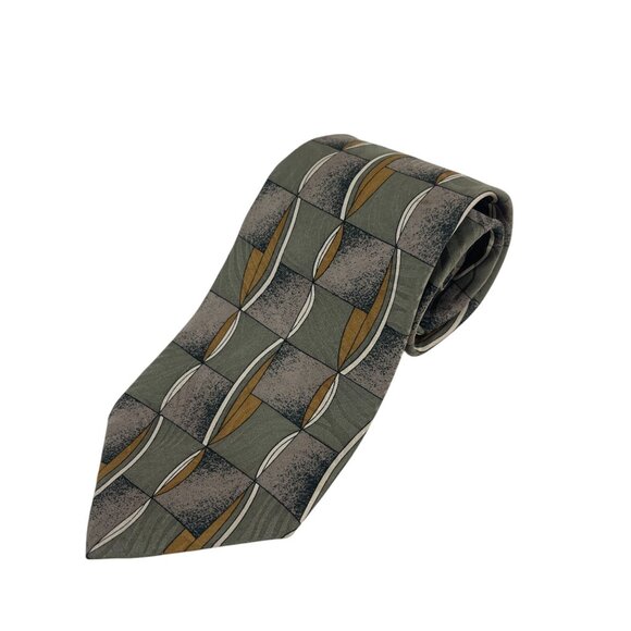 Gianno 100% Silk Mens Tie With Geometric Green & Gold Pattern Made In USA Busine - Picture 7 of 8